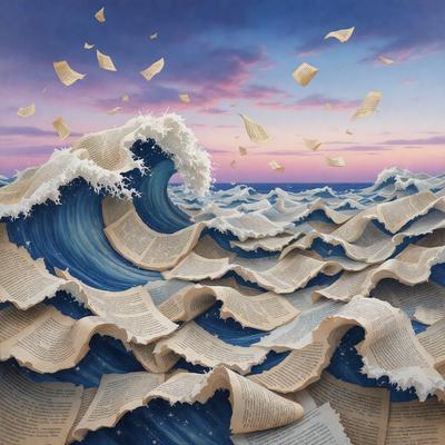 The primary subject of the image is a painting of a wave with a bunch of books floating on it. The setting is a blue ocean, and the visual style is a digital art or illustration. The dominant colors are blue and white, creating a calm and serene atmosphere.